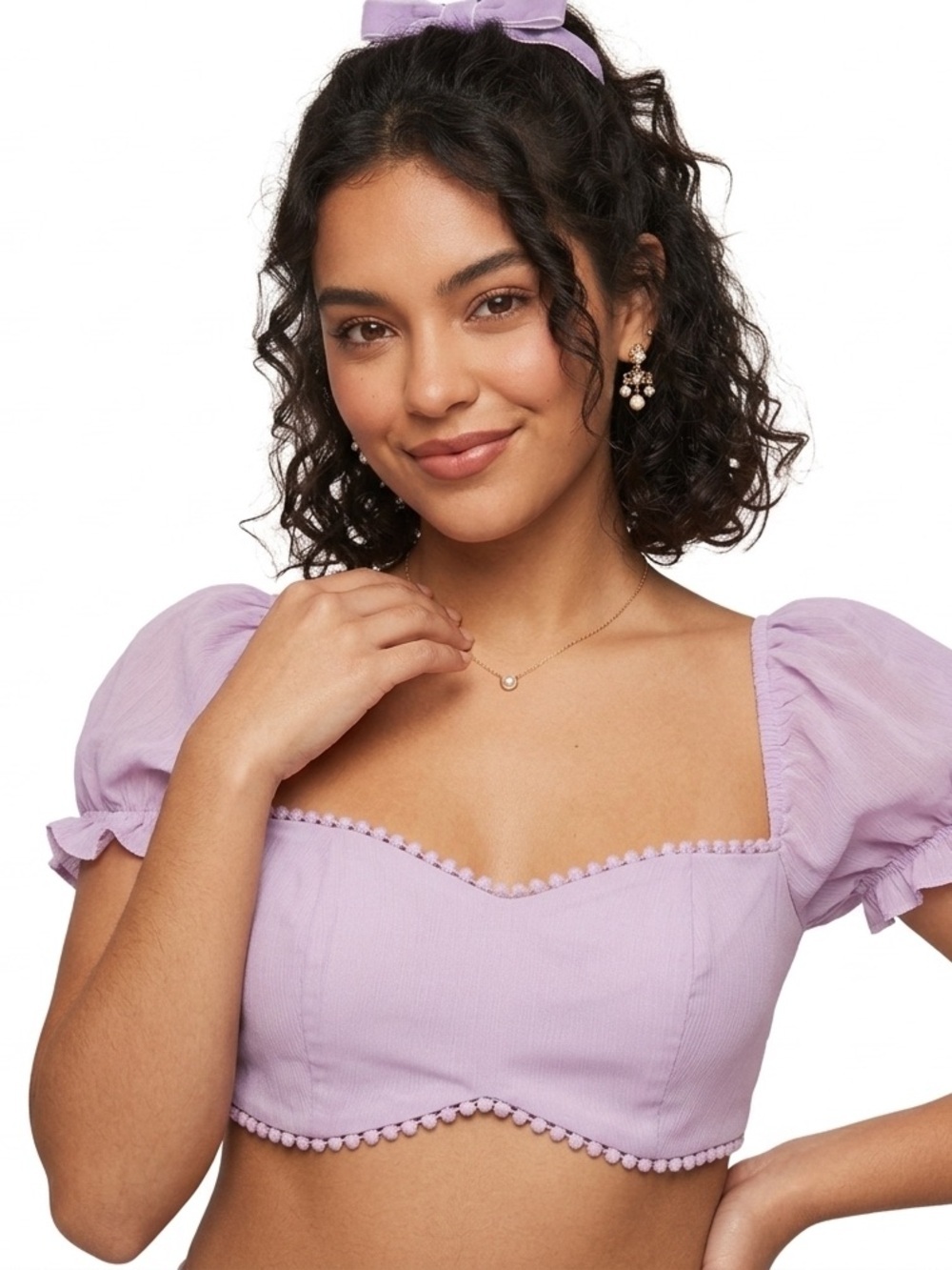 MORE TO COME Lilac Puff Sleeve Coquette Crop Top - M